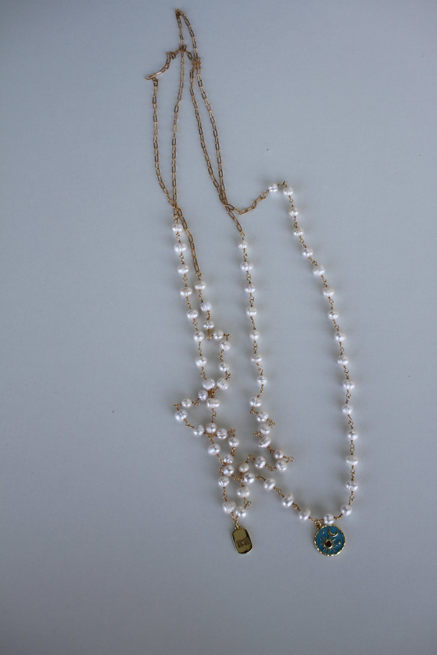 Pearl Necklace with Blue Celestial Pendant - Luna by Cinthia Garcia