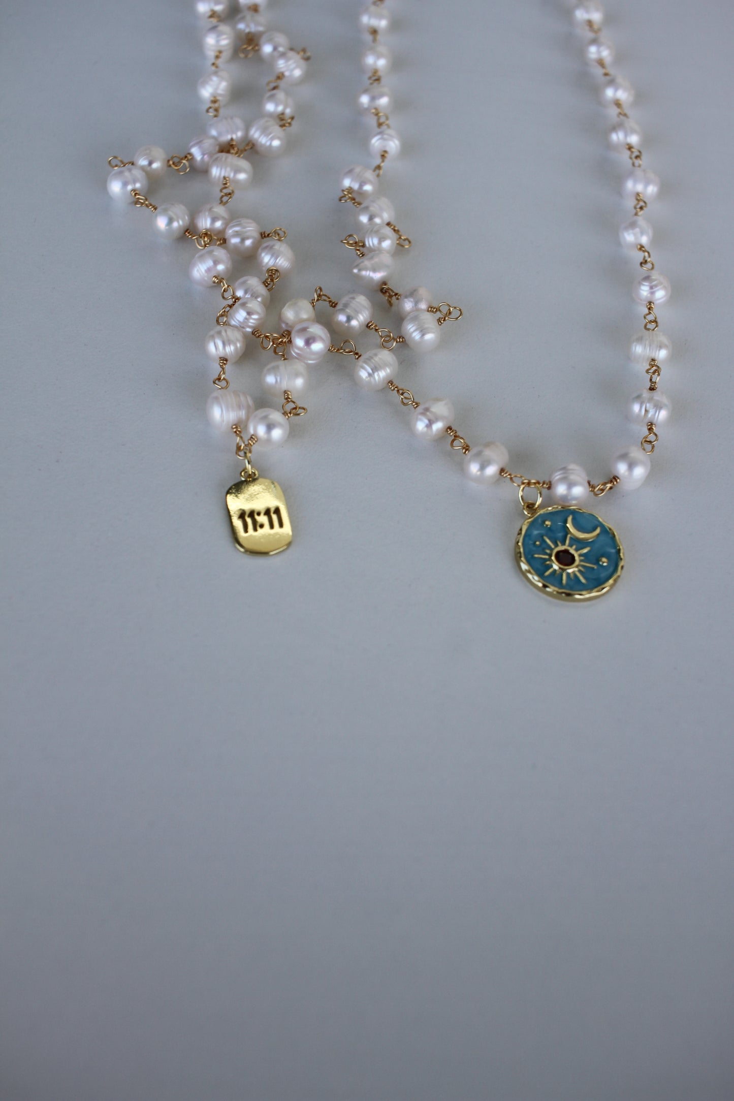 Pearl Necklace with Blue Celestial Pendant - Luna by Cinthia Garcia