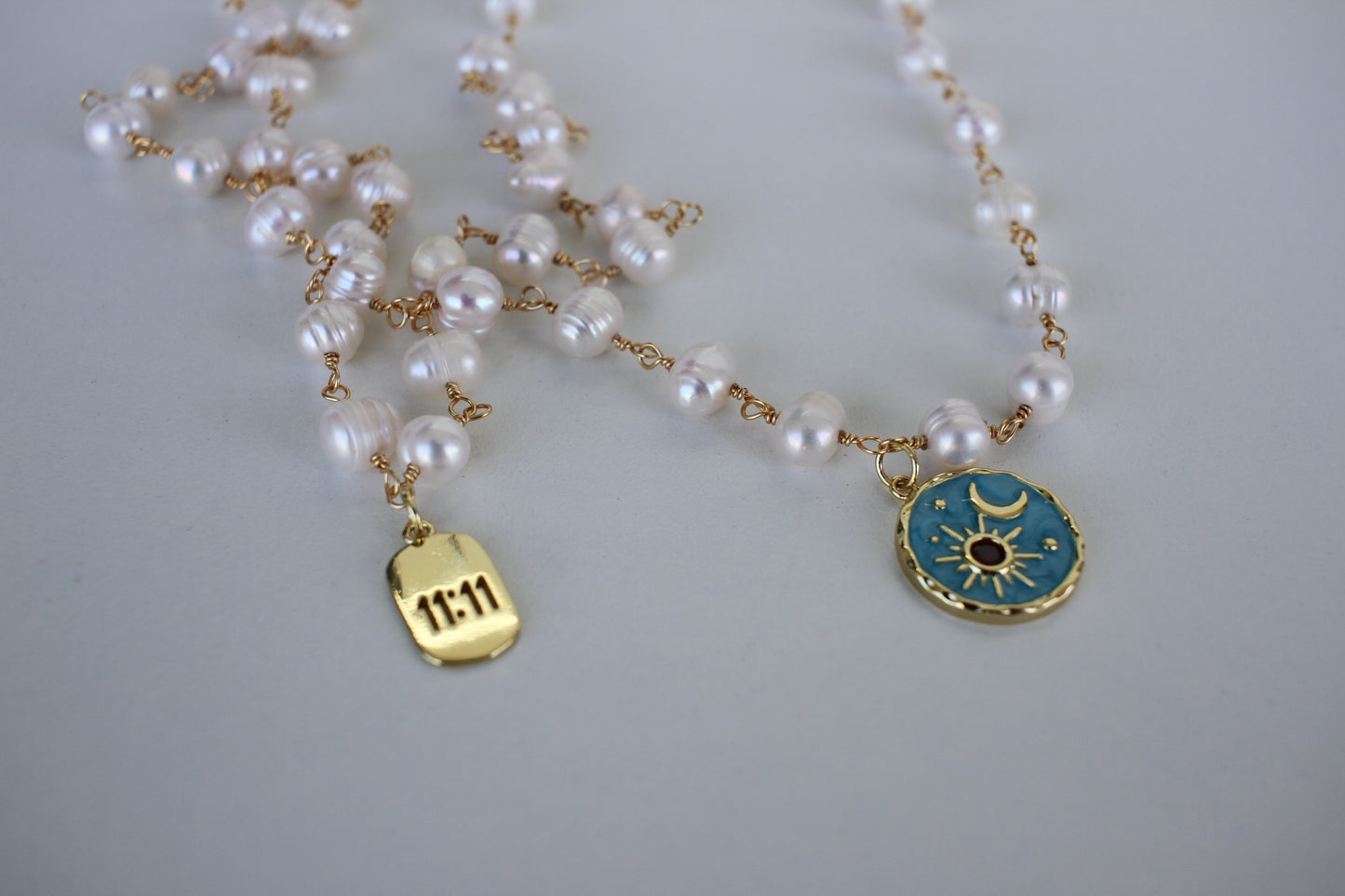 Pearl Necklace with Blue Celestial Pendant - Luna by Cinthia Garcia