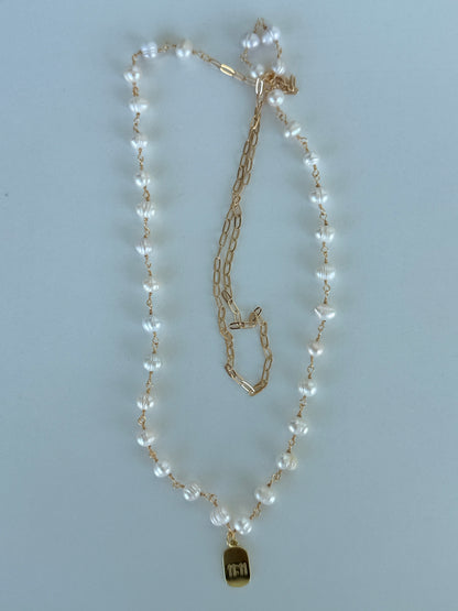 Pearl Necklace with Blue Celestial Pendant - Luna by Cinthia Garcia