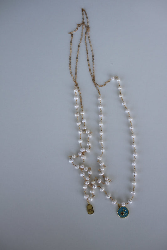 Pearl Necklace with Blue Celestial Pendant - Luna by Cinthia Garcia