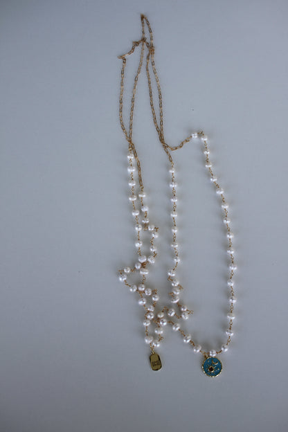 Pearl Necklace with Blue Celestial Pendant - Luna by Cinthia Garcia