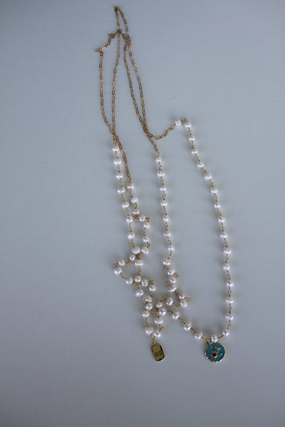 Pearl Necklace with Blue Celestial Pendant - Luna by Cinthia Garcia