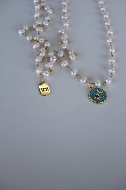 Pearl Necklace with Blue Celestial Pendant - Luna by Cinthia Garcia