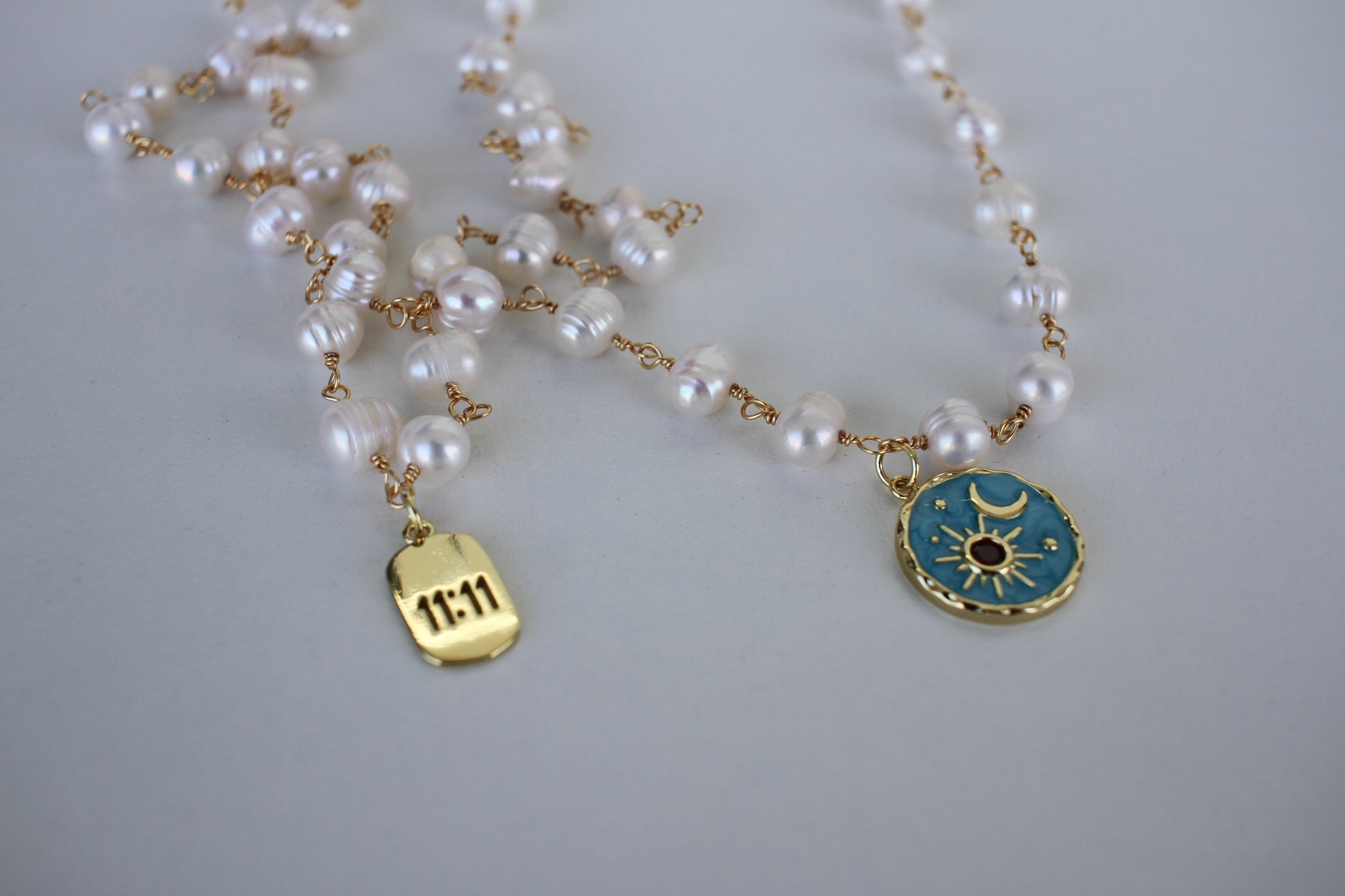 Pearl Necklace with Blue Celestial Pendant - Luna by Cinthia Garcia