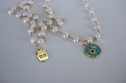 Pearl Necklace with Blue Celestial Pendant - Luna by Cinthia Garcia