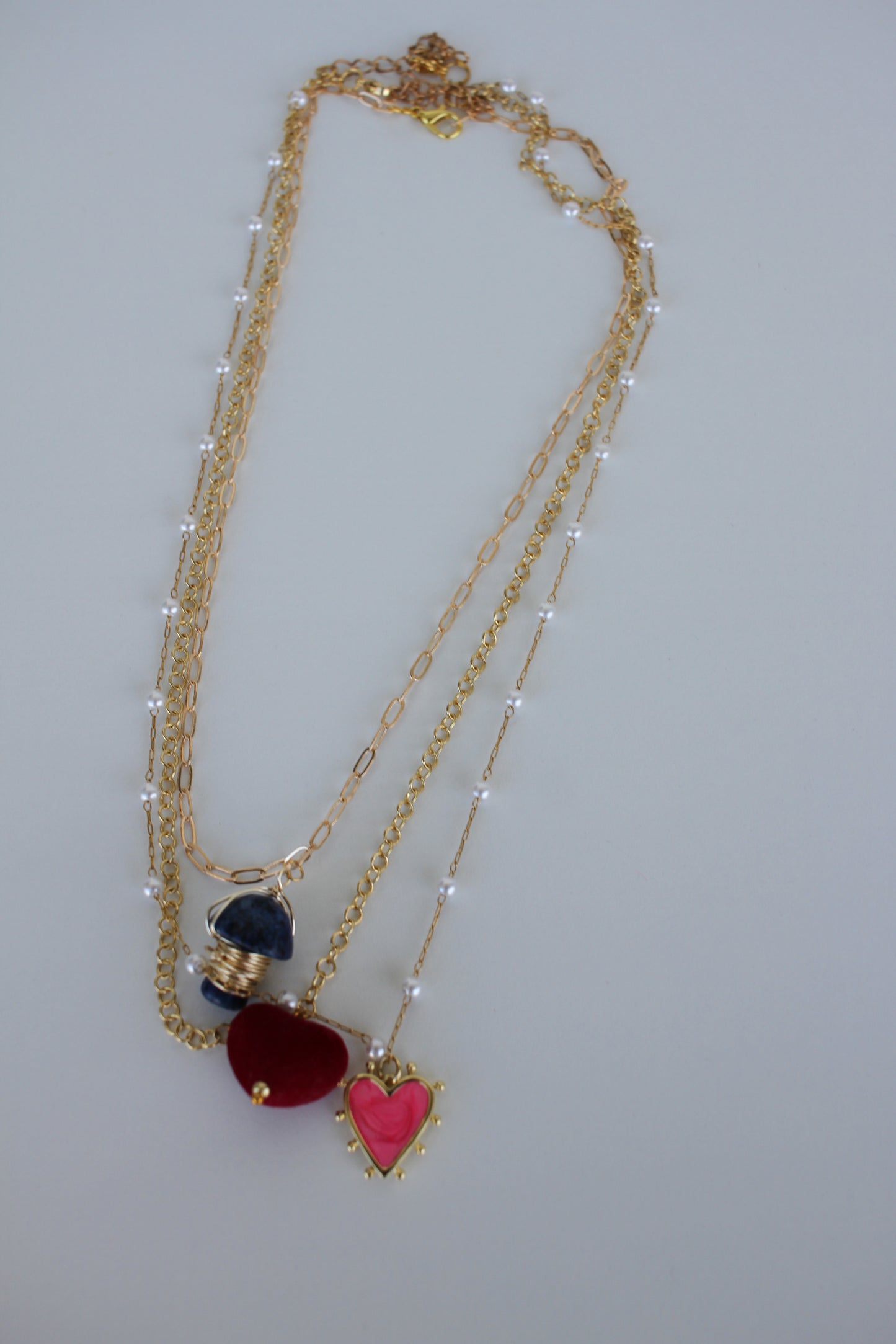 Romantic Layered Gold Necklace with Pearl Accents & Heart Charms - Luna by Cinthia Garcia